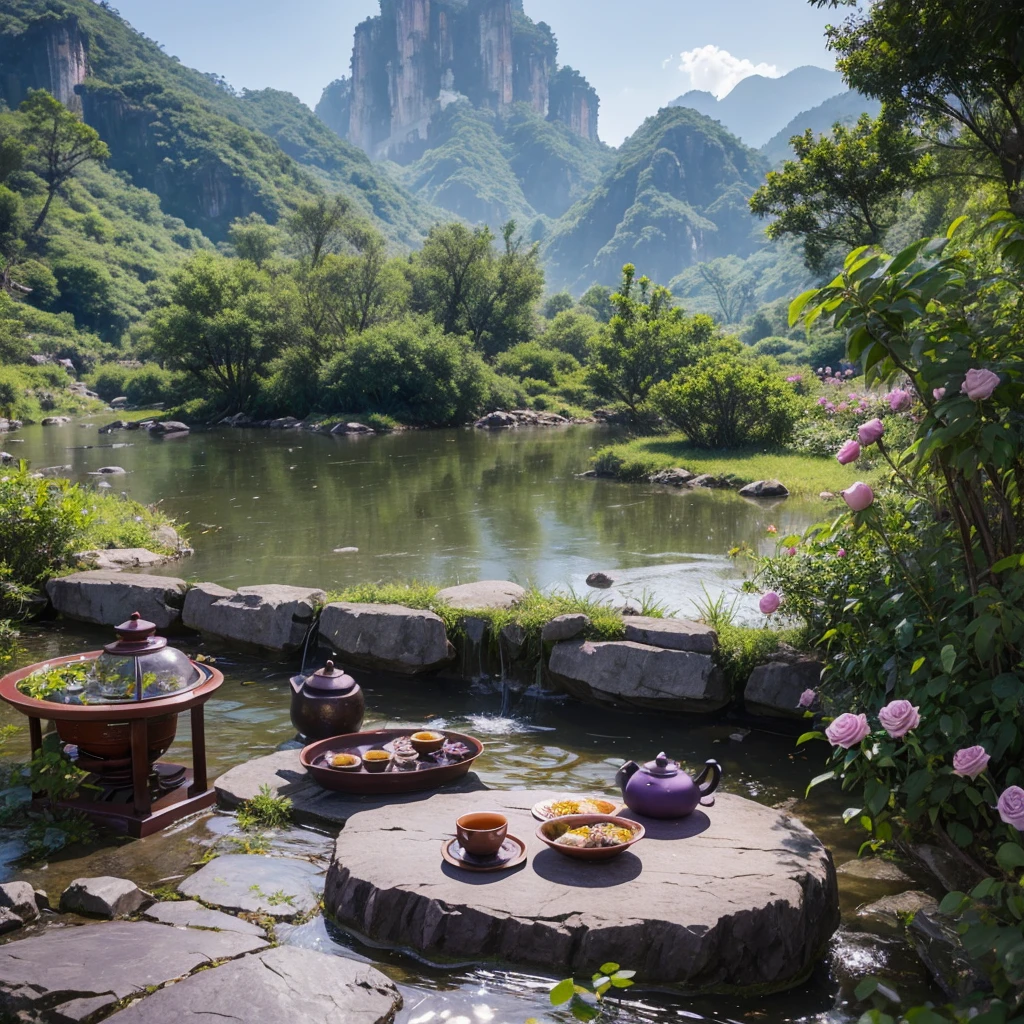 9 purple roses,Qixi Valentine's Day,Drink Wuyi Rock Tea,Kung Fu tea、Outdoor Still Life,Between Mountains and Rivers,Realistic style