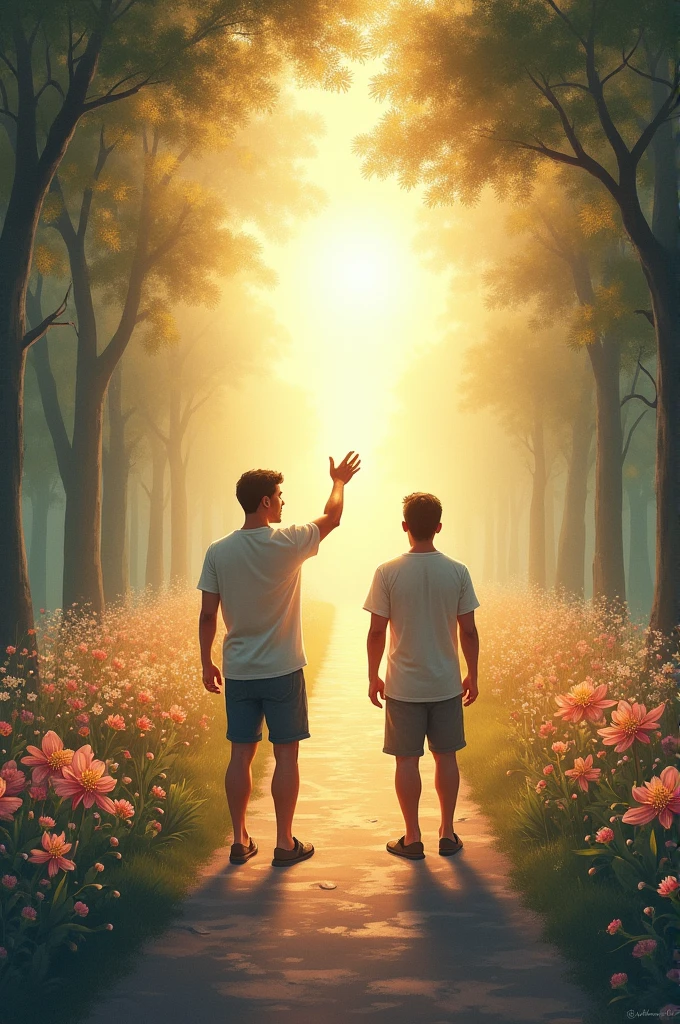 Two men ara walking on the flower road, one friend touched other friend's hand and show him from his hand a beautiful brightness in end of the road .