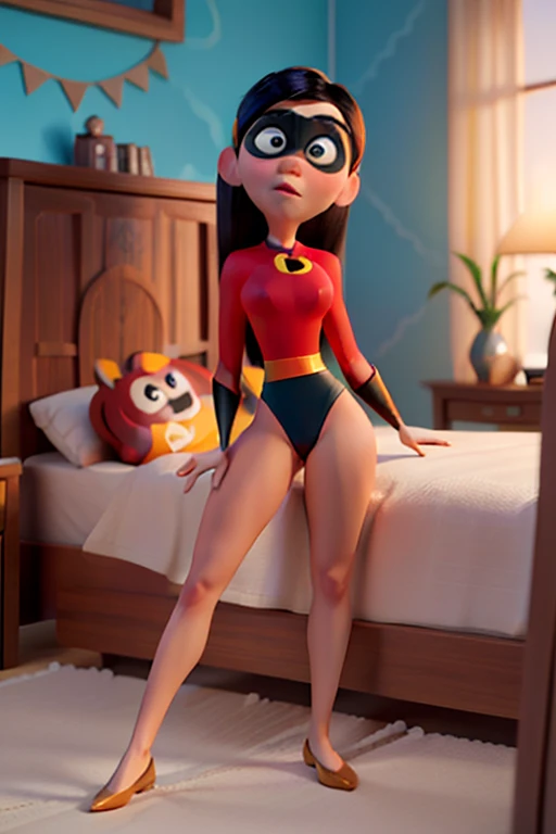 Violet Parr, Incredibles, Leotard, Laying In Bed, Disney Pixar Animated Style, detailed face, beautiful eyes, medium breasts, ((Show Thighs))