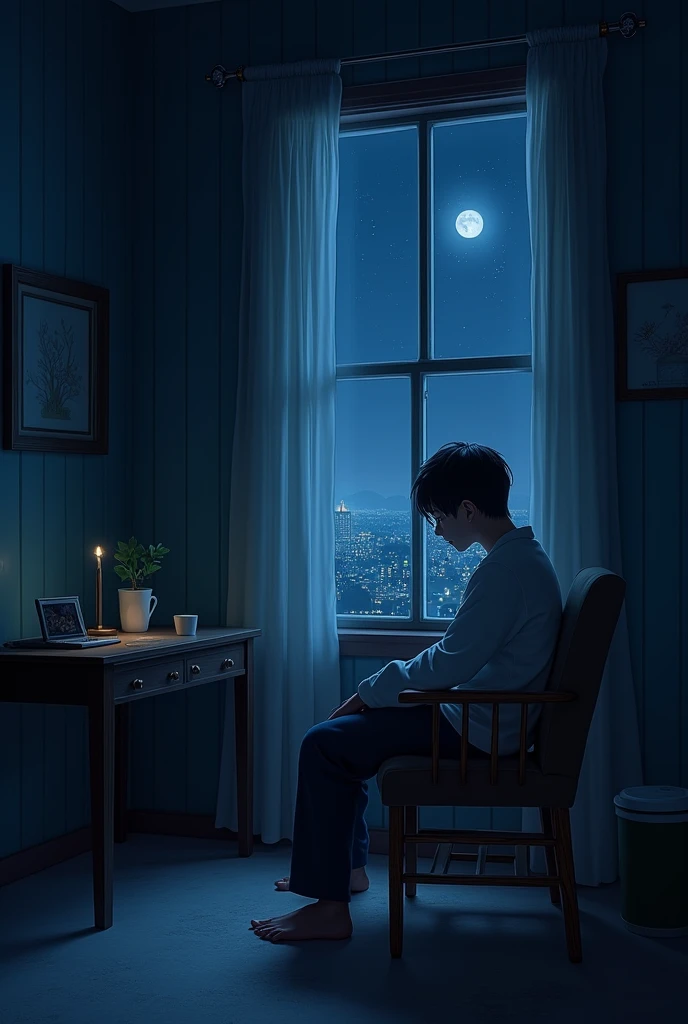 /imagine soon: a dark room at night , romantic atmosphere with low light on the wall, ,32K, Best Quality, masterpiece, Super detail, High details, By Makoto Shinkai ,in the style of the star art group xing xing, --niji 5"