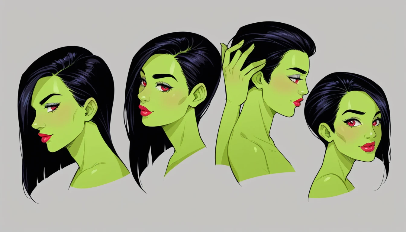 desiree from danny phantom, mature female, long black hair, red eyes, green skin, thick lips, femme fatale, lipstick, beautiful, detailed face, photorealistic, colored skin, detailed face, detailed eyes, ultra-detailed, multiple views, multiple heads, head turnaround, upper body, bust turnaround, facing the right, facing the left,s een from the front, front view, 3/4 front view, side view, profile view, side profile view, 3/4 side view, back view, high detail, high quality, uhd, 8k, Score_9, score_8_up