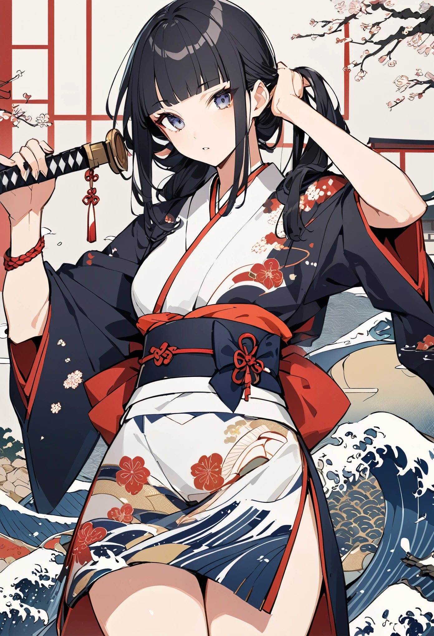 Ukiyo-e、Ocean、Kimono dress,Black Hair、blunt bangs、Tying up hair、Samurai、Japanese sword, face, Modern design, 1 female,Sexy concept, 