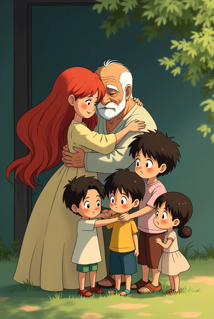 An image of Ponyo and Sosuke old, with his grandchildrens, and hugging, Studio Ghibli style, ponyo has a red long hair.