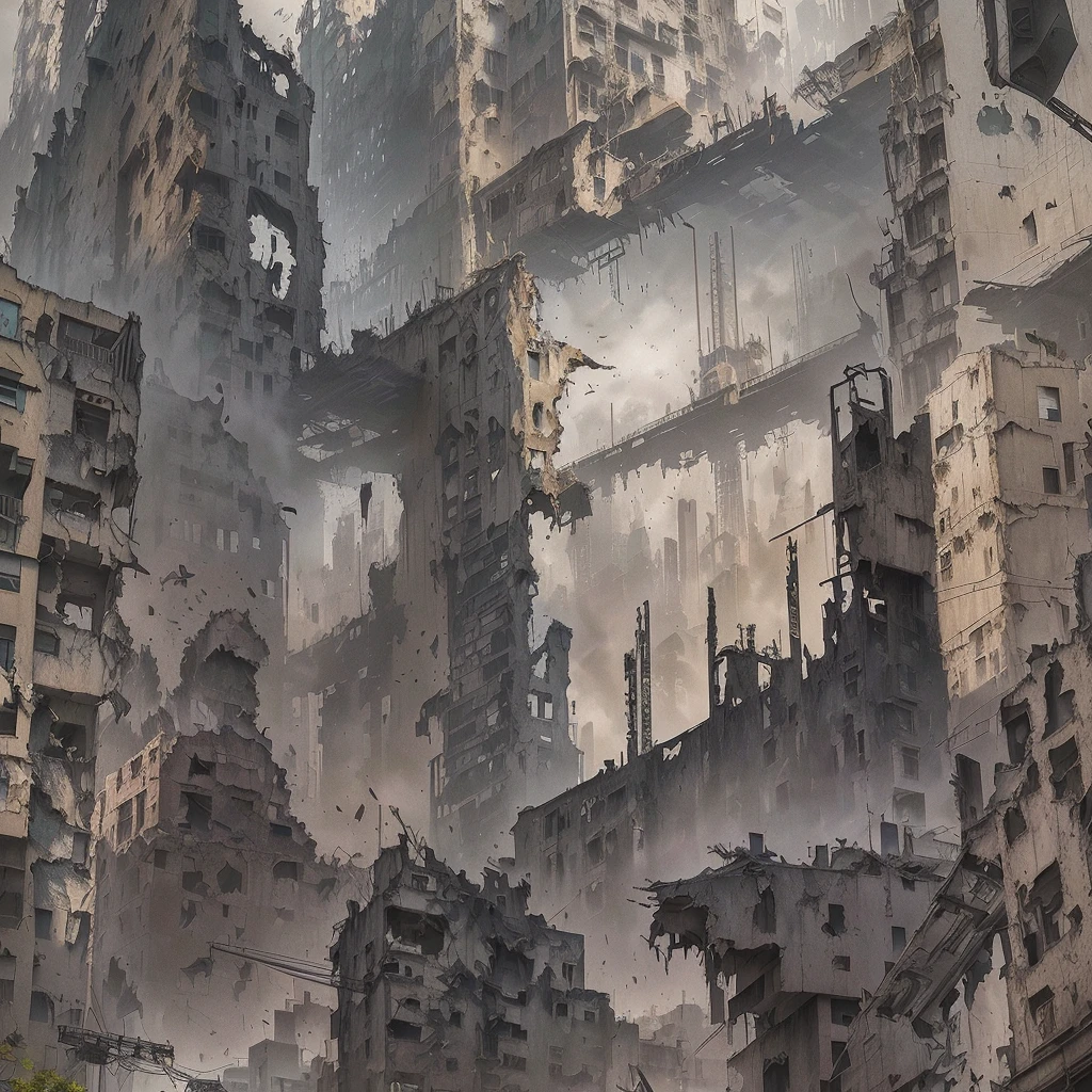 There is a picture of a building with a clock on it., in a City in Ruinsscape, City in Ruinsscape, outdoors City in Ruinsscape, City in Ruins, Destroyed city, 背景はCity in Ruins, Affected cities, Dirty street background, an abandoned dystopian city, Crumbling Building, City ruins background, The city is a pure wasteland, Structural cityscape, digital concept art of dystopian