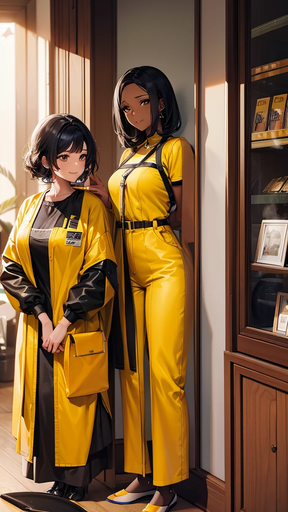 smiling woman in yellow jumpsuit standing in front of a window, photo of a black woman, african american young woman, young black woman, black young woman, african american woman, photo of a woman, a person standing in front of a, photo of young woman, ( ( dark skin ) ), cute woman, mid shot portrait, young business woman, standing in a chothes shop,