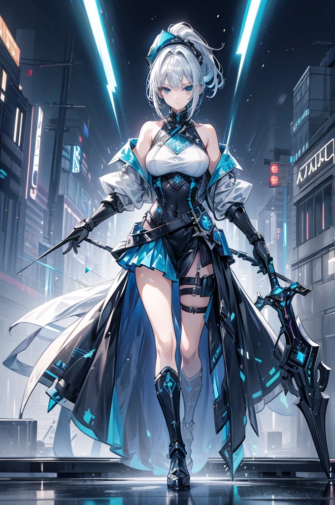 Create an image featuring a dynamic powerful female character with short ponytail silver hair and piercing blue eyes. She is wearing a detailed dark blue and black outfit with intricate white accents, including a high-collared modern style trench coat, armored shoulder pads, and a fitted bodice with ornate patterns and a commander hat. Her outfit also includes a flowing skirt with layered fabric and thigh-high boots. The character is wielding a sword with a glowing tip, held confidently in her right hand. She stands in a powerful, poised stance with one foot slightly forward and her aura spread wide behind her. The aura are large and ethereal, resembling both space and time in shades of teal and blue lightning, giving the impression of both lightning and wind elements at play. The background is soft with light colors that complement the characterr's striking presence. sc-fi theme