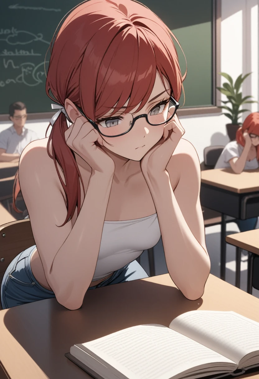 (masterpiece, best quality), stoic, girl leaning forward in chair, both hands on own face, looking down at book, biceps, book, beautiful face, upper body, close up, Gray eyes, red hair, swept bangs, low twin tails, white ribbons, glasses, white strapless shirt, jeans, small breasts, toned arms, shadows, sitting on chair in front of desk, chalkboard, people in background, potted plants,