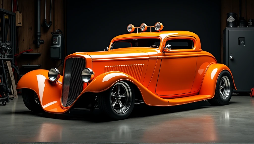 The image showcases a classic hot rod car, characterized by its distinctive features. The vehicle's body is painted in a glossy orange hue, which contrasts sharply with the black background and the darkened interior. The car exhibits a long hood and a short rear deck, typical of hot rods, which enhances its aerodynamic profile. The front grille is prominent and flanked by large, round headlamps that give the car an aggressive look. The hood features a set of spotlights, a common modification for such vehicles, likely for improved visibility during night-time cruising. The car's wheels are custom, with spoked rims that add to the vintage aesthetic. The overall condition of the car appears immaculate, suggesting meticulous care and restoration. The setting seems to be a garage or workshop, indicated by the presence of mechanical equipment in the background, which adds to the authenticity of the scene.