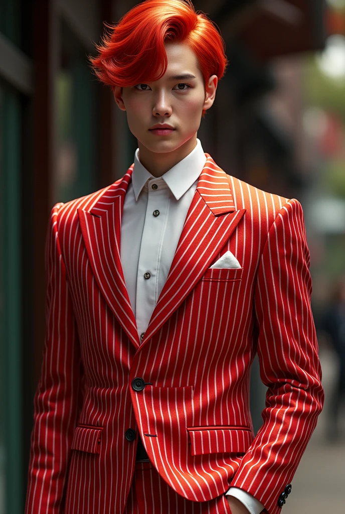 The men has a red hair. And hairstyle is hime cut
He always wears a red striped suit