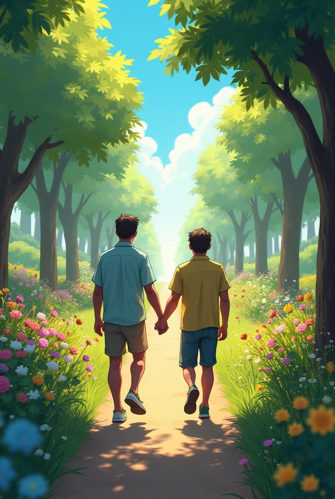 Two men ara walking on the flower road, one friend touched other friend's hand and show him from his hand a beautiful brightness in end of the road .