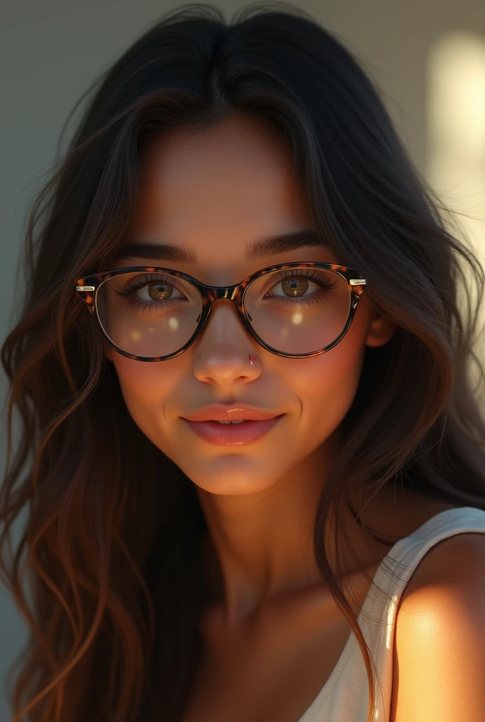 A brown girl wearing glasses with long wavy hair