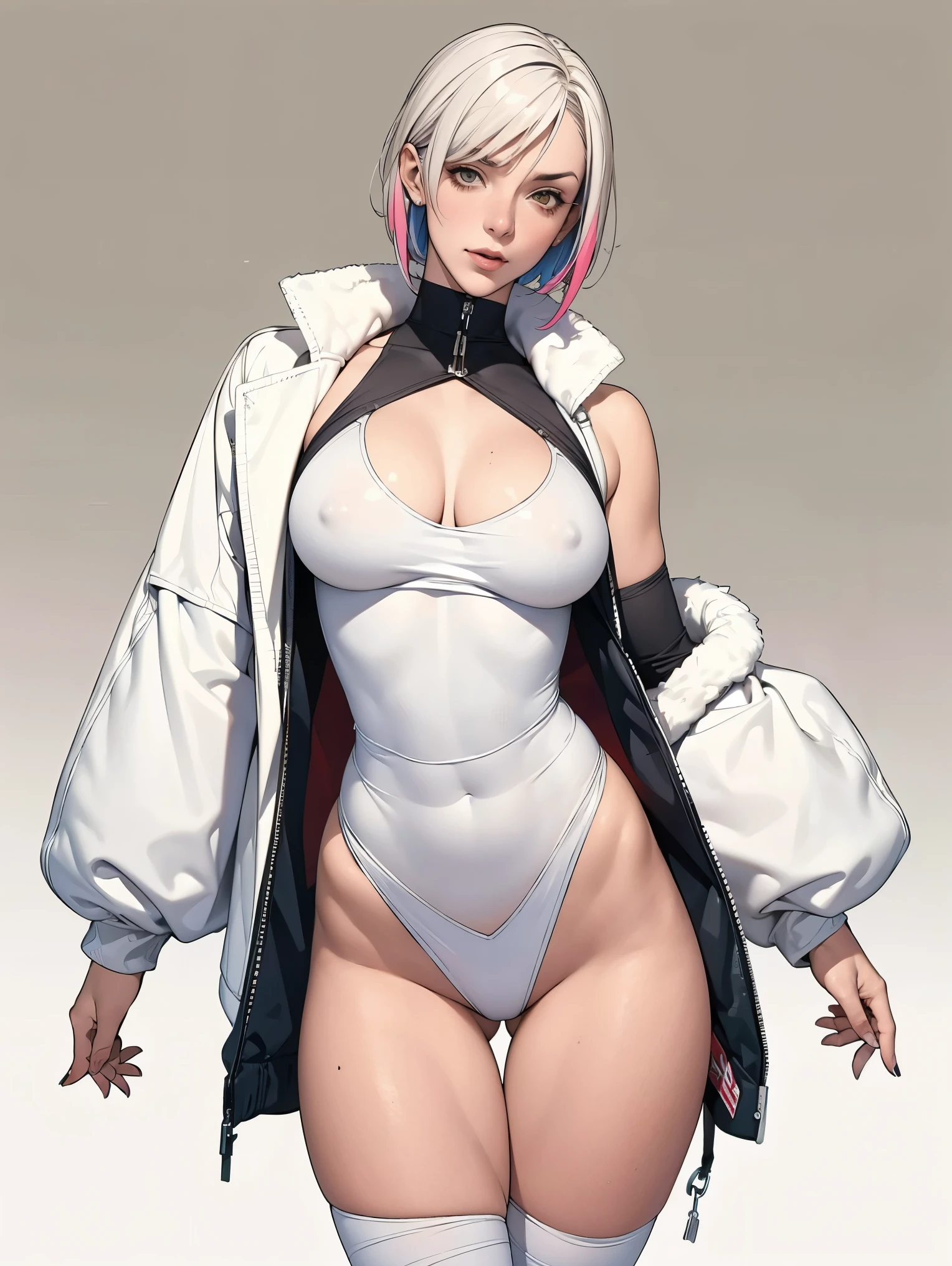 (((Annie Lennox))), (((colorful suit))), (scars), (((bandaged arms))), (((colorful clothes))) (( hood)), (((best quality: 1.4))), (Unbeatable masterpiece), (hyper HD),(CG 8k hyper-realistic), beautiful face, (((breasts big))), (((hyper feminine))), sexly girl, ((round face)), black tattoo,(ultra short red hair with white highlights)), ((( sculptural body ))), (((1 Kizi))), Kizi tatuada de 25 anos com perfect body,,Beautiful and well-groomed face, (round face), muscular body:1.2,solid color detailed jacket, (Head to thigh photos), Complex equipment, ,Tight clothes,With white stars and off-white stripes,,,,,Armor Metal Electronic Parts, Poison tattoos ) INFO, Kizi, (((standing alone))), , 24歳, sexy, pose de attitude, work of art, dancing, ((slight smile)), post-apocalypse, (((manga style))), bounty hunter, the way you want, perfect body, roupa moderna, advanced technology, white, yellow accent, black, red accent, fur collar jacket, sleeves with vertical striped pattern, background city, (( cowboy shot )). intricate visual, narrow waist, (((wide hips))), wide hips, fit thighs, (((thigh gap))), Thigh gap, background shows a futuristic airplane, ((open expression)), (expression happy)