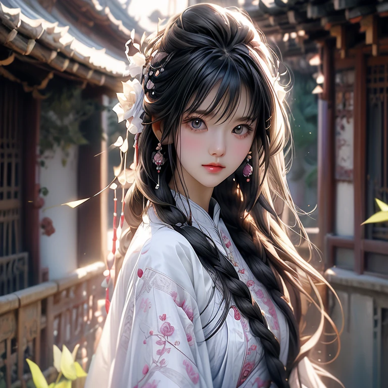 High resolution, Long Hair, Black Hair, とてもLong Hair, Hair Flower, Backlight, High resolution, Very detailed, とてもLong Hair, Gradient color hairstyle, Hair blowing in the wind, Earrings, Simple Background, Character portrait, Illustration, 3D Rendering, Anime Style, A slender, shiny dress made of white silk、Rose embroidery with silver thread、petals dancing in the wind