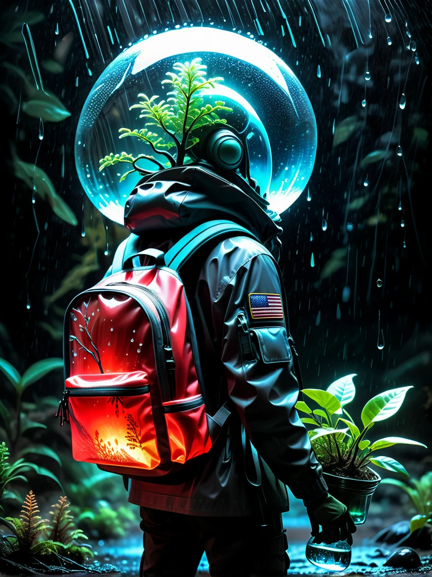 An alien carrying（Glass sealed backpack：1.3），Inspired by（Bioluminescent Red Fiberglass Tree：1.6）BREAKLIVE PLANTS INSIDE，High contrast，Dark Background，Wet and rainy，Epic，Moody，