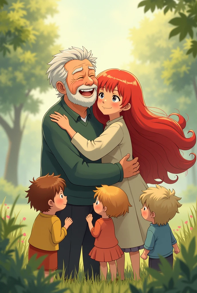 An image of Ponyo and Sosuke old, with his grandchildrens, and hugging, Studio Ghibli style, ponyo has a red long hair. 