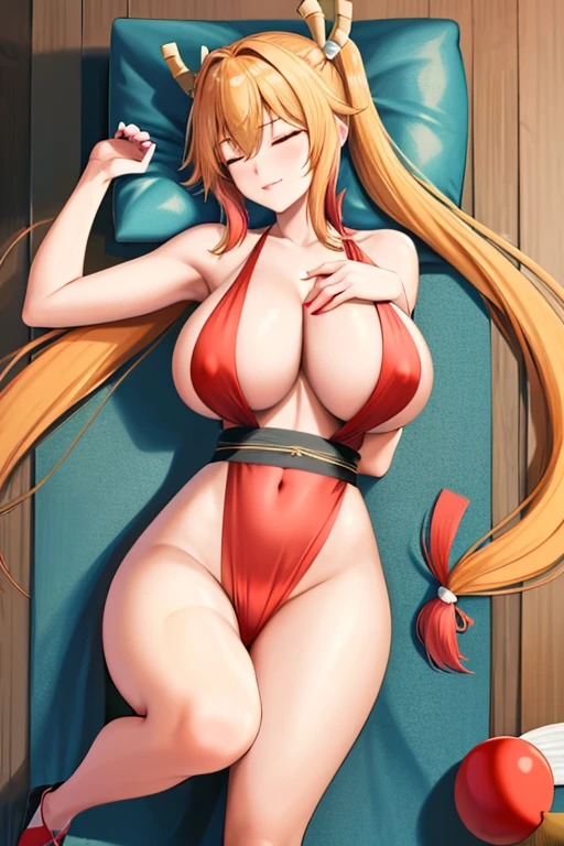 masterpiece, best quality, beautiful art, high resolution, well formed hands, body and fingers, 1 woman, solo,Tohru, 31 years old, red makeup, red lipstick,adult, grown up, cosplaying as Mai Shiranui , mai_shiranui_cosplay, adult, large and round breasted, cleavage, full body , hair ribbon, gorgeous legs and, thighs, sexy Japanese clothes, hair ornament , sexy and bare legs , hips and thighs,ryona,in peril, she is defeated, knocked out, passed out, closed eyes, exhausted, unconscious, laying down on the sand, extended exposed body, full body on the sand, breathing heavily, sexy smirk on her face, bouncing breasts, sexy defeated pose, defeat and KO scene, fallen beauty, martial arts tournament with beach environment