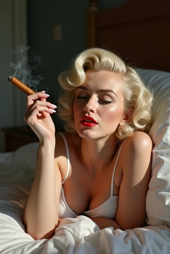 Marilyn Monroe smoking cigar liedown on the bed