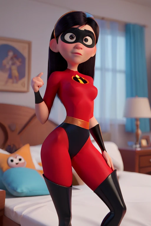 Violet Parr, Incredibles, Leotard, Laying In Bed, Disney Pixar Animated Style, detailed face, beautiful eyes, medium breasts, ((Show Thighs))