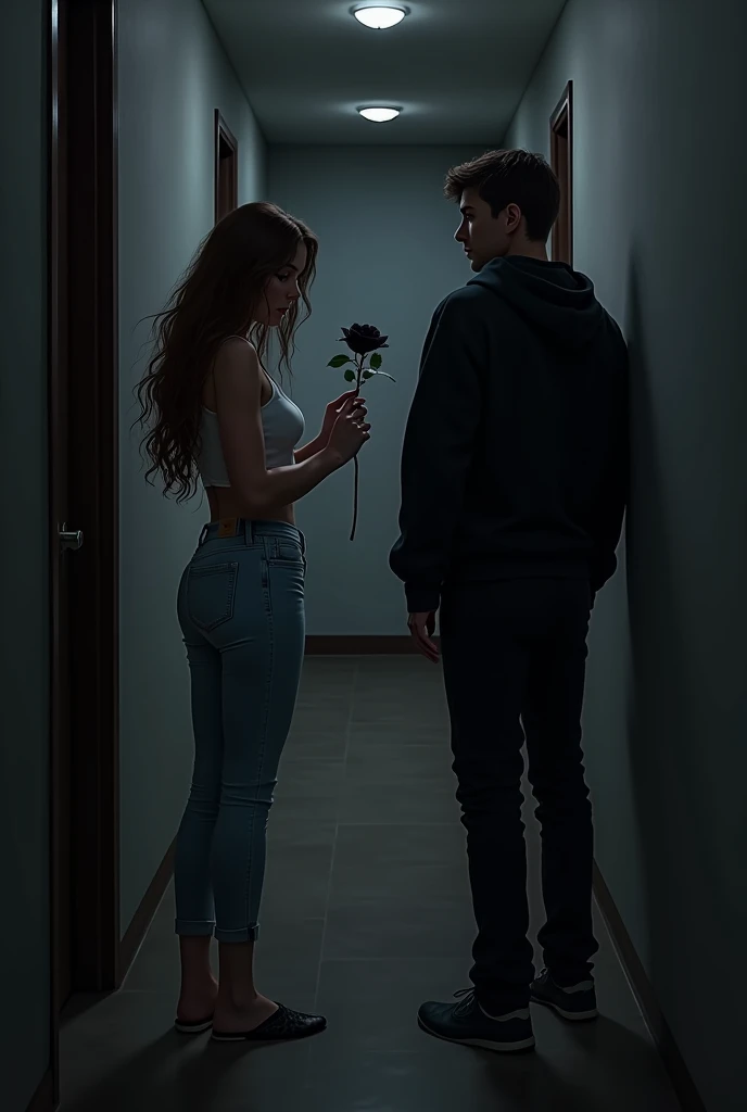 The image shows a woman with long brown hair, wearing light denim pants and a white tank top, holding a black rose and looking at flower. She is in a hallway and the atmosphere is dark and mysterious., to a shadowy figure in front of the woman, a man wearing a black sweatshirt watching her from a little distance. The woman appears to be in a romantic and enigmatic situation.