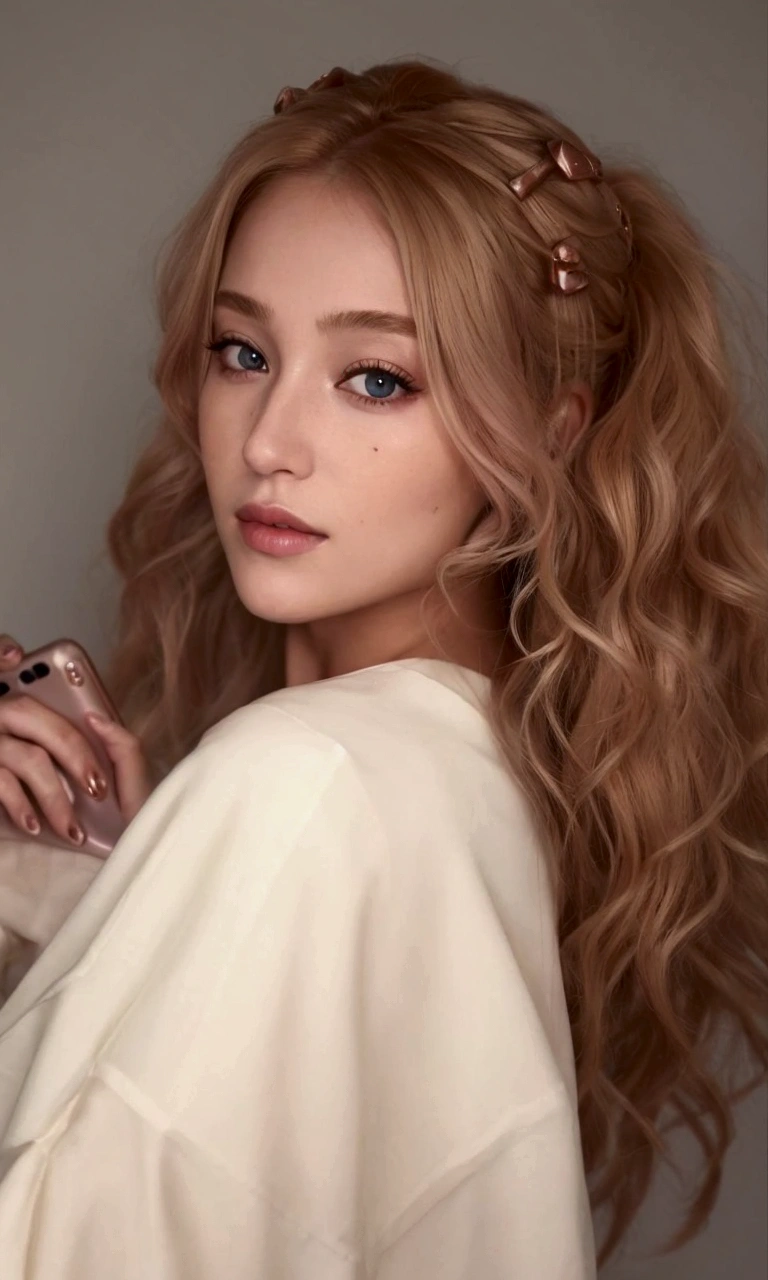 um close de uma mulher com um telefone celular na mão, Encaracolado blonde hair | d & d, acenou com a cabeça, Encaracolado copper colored hair, Retrato Sophie Mudd, Encaracolado, Encaracolado blond, with long Encaracolado hair, blonde Encaracolado hair, Encaracolado dirty blonde hair, long messy Encaracolado hair, blond Encaracolado hair, com cachos, messy Encaracolado hair, Encaracolado blonde hair