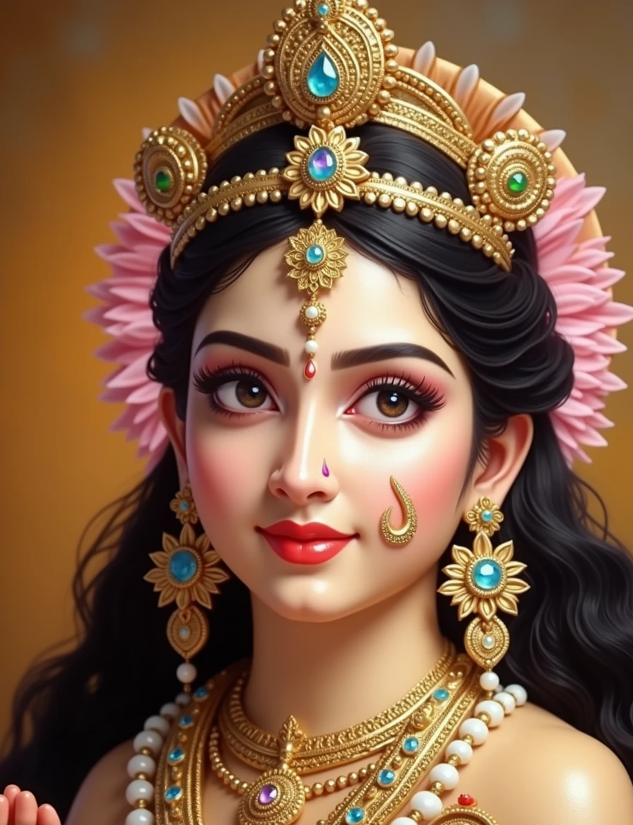 Goddess Uma Devi has piercing black eyes and wears a pink dress. She sits holding Lord Ganesha in a loving embrace. She has 4 hands on each side, 5 fingers on each side. one hand holding gold One hand holding a lotus One hand holds a trident. One hand holding a lotus One hand holds a khan sitting on a red rose throne Surrounded by heavenly flower gardens Surrounded by a lot of money