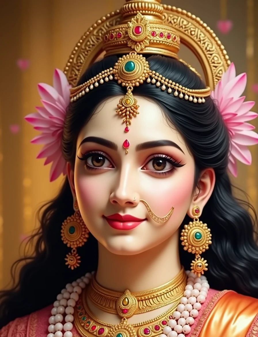 Goddess Uma Devi has piercing black eyes and wears a pink dress. She sits holding Lord Ganesha in a loving embrace. She has 4 hands on each side, 5 fingers on each side. one hand holding gold One hand holding a lotus One hand holds a trident. One hand holding a lotus One hand holds a khan sitting on a red rose throne Surrounded by heavenly flower gardens Surrounded by a lot of money