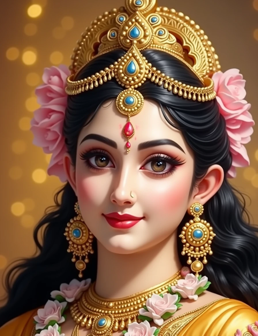 Goddess Uma Devi has piercing black eyes and wears a pink dress. She sits holding Lord Ganesha in a loving embrace. She has 4 hands on each side, 5 fingers on each side. one hand holding gold One hand holding a lotus One hand holds a trident. One hand holding a lotus One hand holds a khan sitting on a red rose throne Surrounded by heavenly flower gardens Surrounded by a lot of money