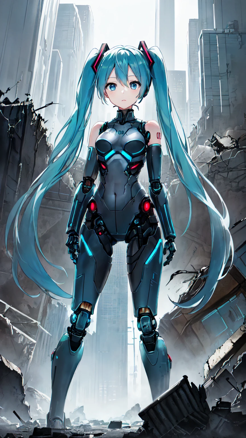 Hatsune Miku VOCALOID、Twin tails、Light blue hair、Light blue eyes、highly sophisticated cyborg, Arms folded in front of the destroyed city, Bionic body with futuristic details. (破壊された街の前で腕を組んだhighly sophisticated cyborg, Bionic body with futuristic details.)