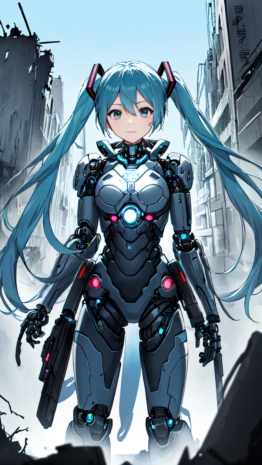 Hatsune Miku VOCALOID、Twin tails、Light blue hair、Light blue eyes、highly sophisticated cyborg, Arms folded in front of the destroyed city, Bionic body with futuristic details. (破壊された街の前で腕を組んだhighly sophisticated cyborg, Bionic body with futuristic details.)