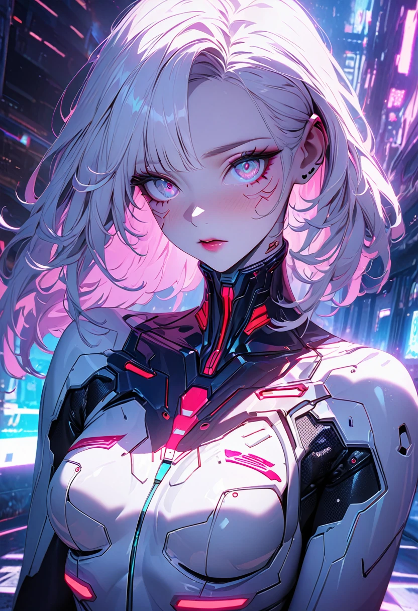 extremely detailed photo of a woman, loraelizabeth, cyberpunk, futuristic, cyberpunk bodysuit, 8k uhd, RAW photography, model photoshoot, detailed skin, skin imperfections