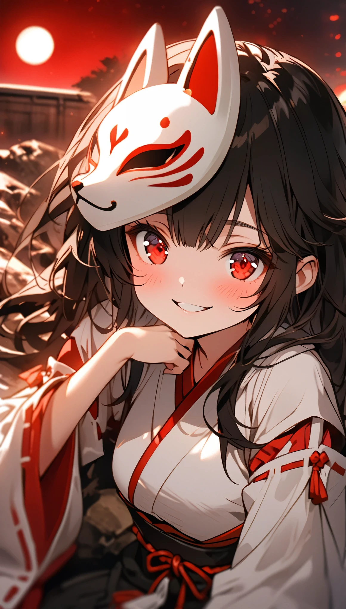 depth of field,A girl in a fox mask sits on the roof of an izakaya buried under rubble,Miko,black fur,by the wide,Red eyes,Red Moon,shiny skin,(affected smile),(close up:1.3),extended arm