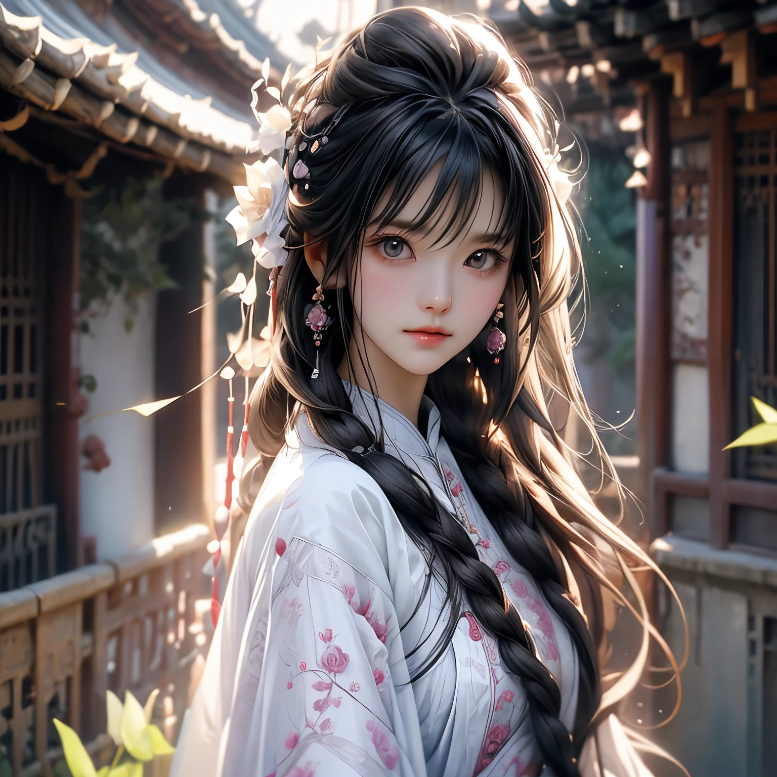 High resolution, Long Hair, Black Hair, とてもLong Hair, Hair Flower, Backlight, High resolution, Very detailed, とてもLong Hair, Gradient color hairstyle, Hair blowing in the wind, Earrings, Simple Background, Character portrait, Illustration, 3D Rendering, Anime Style, A slender, shiny dress made of white silk、Rose embroidery with silver thread、petals dancing in the wind