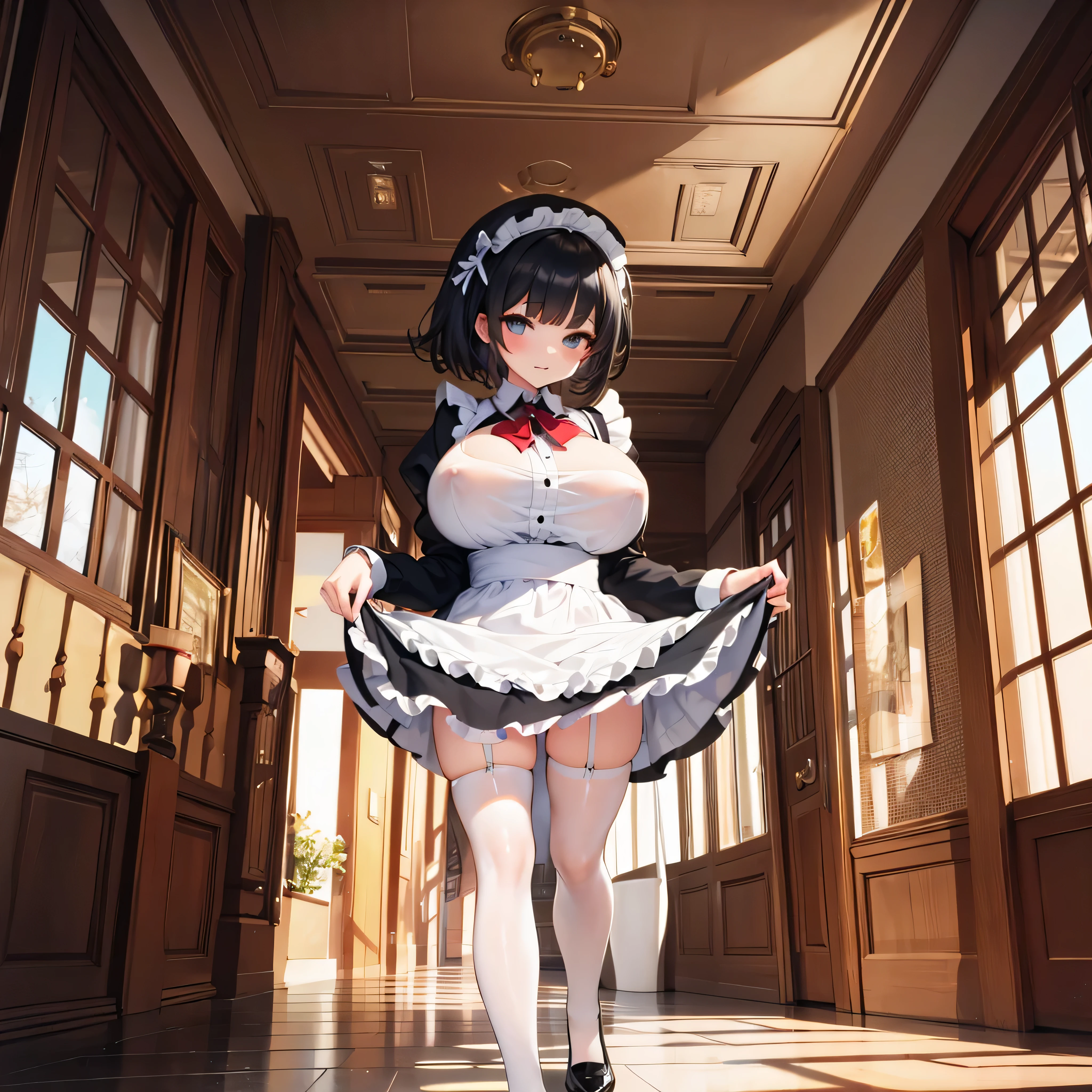 (solo:1.2), (1 skinny maid standing) in hallway, (curtsey:1.3), skinny, maid dress, short black hair, long sidelocks, bangs, BREAK, short torso, white apron cinches waist too tight, (inconceivably narrow waist:1.2), long skinny legs, (bursting huge breasts), BREAK, (both hands lifting too short skirt up), (show off white string panty), BREAK, nsfw, cameltoe, orgasm