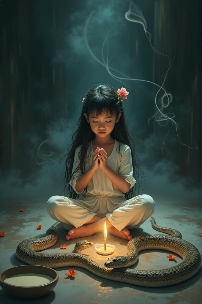A girl sitting in front of snake. And worshipping it by holding incense stick, flower and milk around snake
