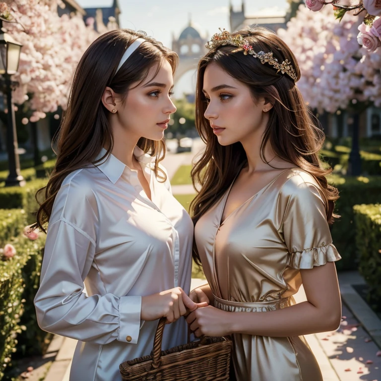 (masterpiece, best quality:1.5), highest quality, High resolution, super detailed, Realists, Upper body photo of a brunette 22 year old woman, detailed and beautiful eyes, beautiful detailed lips, very detailed eyes and face, longeyelashes, 22 year old woman in a shiny satin shirt, Beautiful and colorful makeup, elegant and noble々Pose,shiny satin headband, grind, Holding flowers, Gardens as background, soft daylight, bright colors, fine brushstrokes, Portrait style, Noble details in the dress fabric, beautiful color palette, glowing skin, First-class rendering, that captures every detail, enchanting atmosphere, subtle shadows and lights, (perfect anatomy:1.2), (The two stunning women in long satin shirts hold baskets of rose petals. Exchange glances. (magnificent panorama view:1.2)