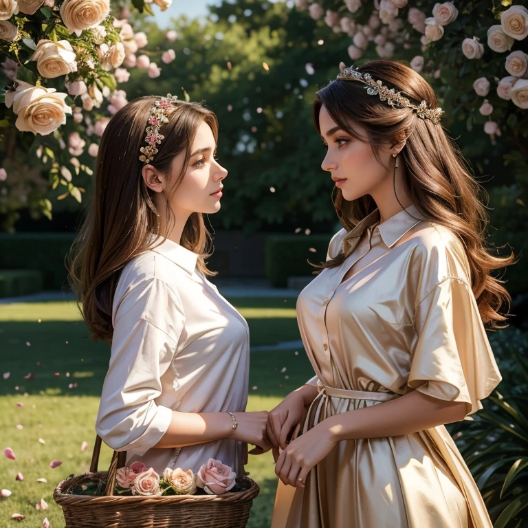 (​masterpiece, best quality:1.5), highest quality, High resolution, super detailed, Realists, Upper body photo of a brunette 22 year old woman, detailed and beautiful eyes, beautiful detailed lips, very detailed eyes and face, longeyelashes, 22 year old woman in a shiny satin shirt, Beautiful and colorful makeup, elegant and noble々Pose,shiny satin headband, grind, Holding flowers, Gardens as background, soft daylight, bright colors, fine brushstrokes, Portrait style, Noble details in the dress fabric, beautiful color palette, glowing skin, First-class rendering, that captures every detail, enchanting atmosphere, subtle shadows and lights, (perfect anatomy:1.2), (The two stunning women in long satin shirts hold baskets of rose petals. Exchange glances.  (magnificent panorama view:1.2)
