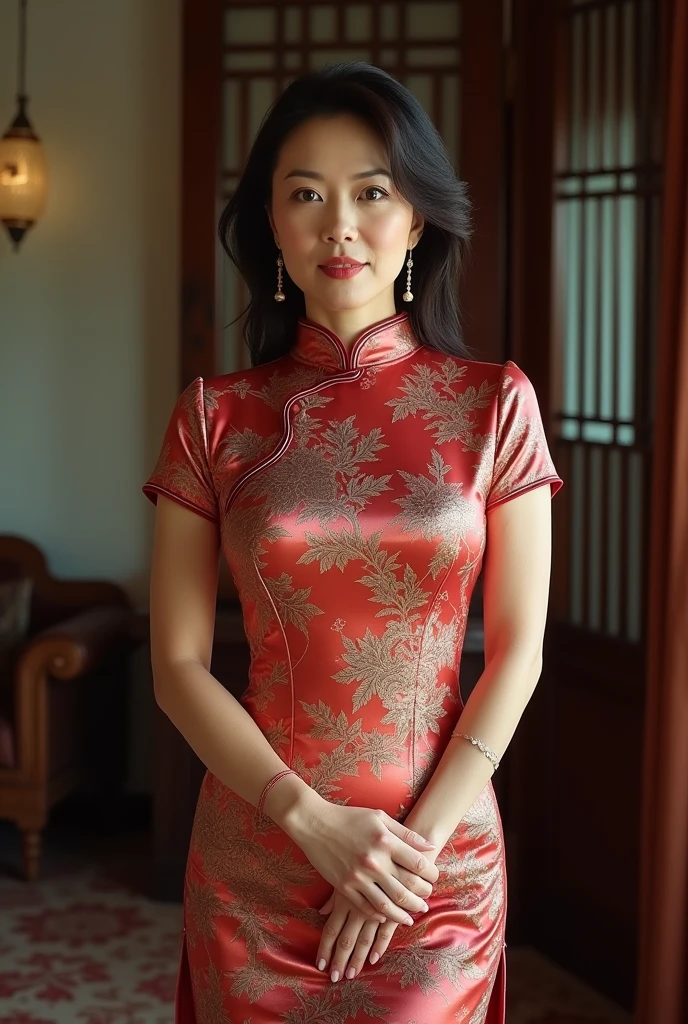 beautiful mature woman , looking directly at the camera, very realistic, at home, tight silk cheongsam, clothes tight against body, clothes too tight, film grain, fit muscular body, clothes too tight, seductive, , seductive, sexy, large breasts, short sleeves, elaborate clothing
