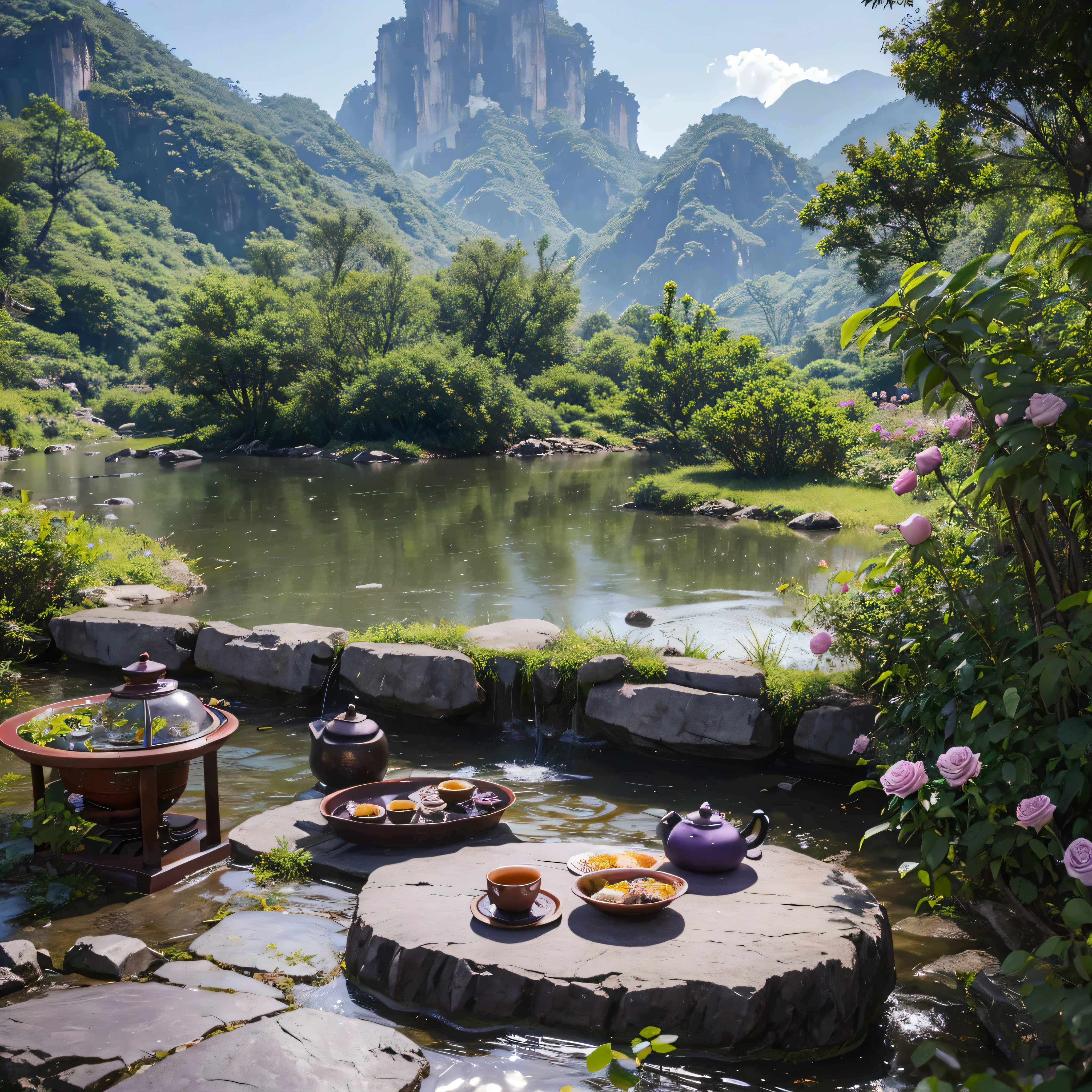9 purple roses,Qixi Valentine's Day,Drink Wuyi Rock Tea,Kung Fu tea、Outdoor Still Life,Between Mountains and Rivers,Realistic style