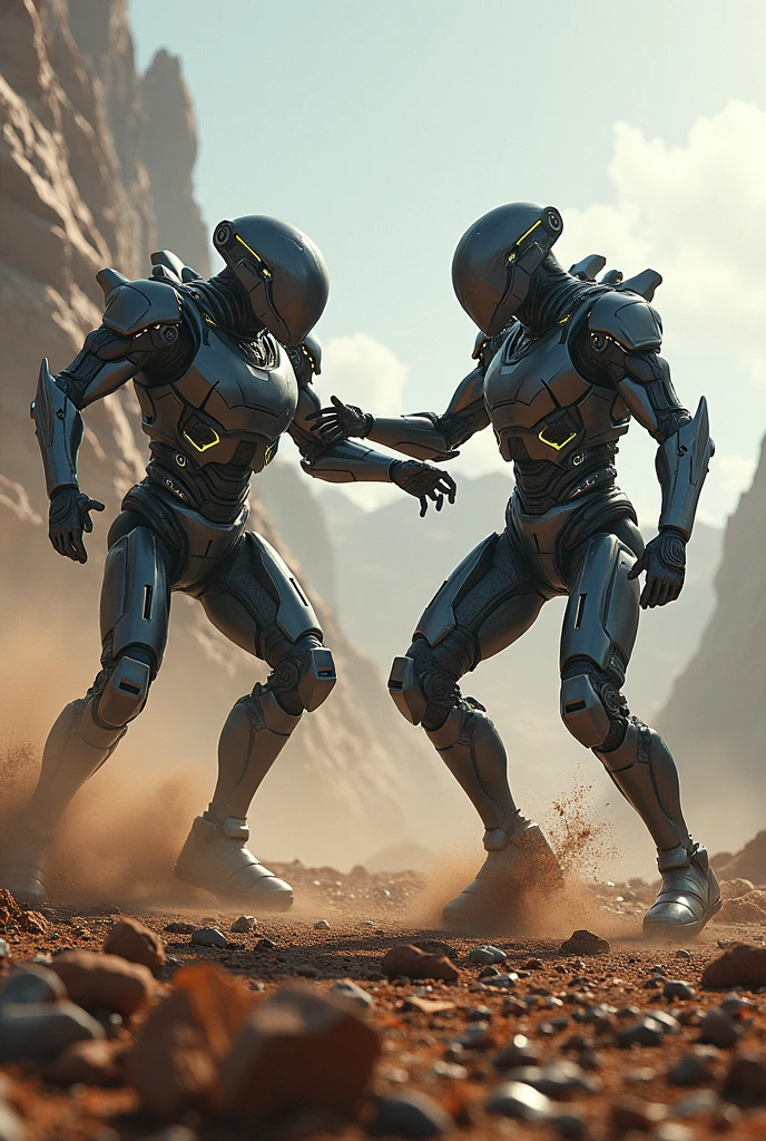 A cyber soldier fighting another cyber soldier on a destroyed planet 