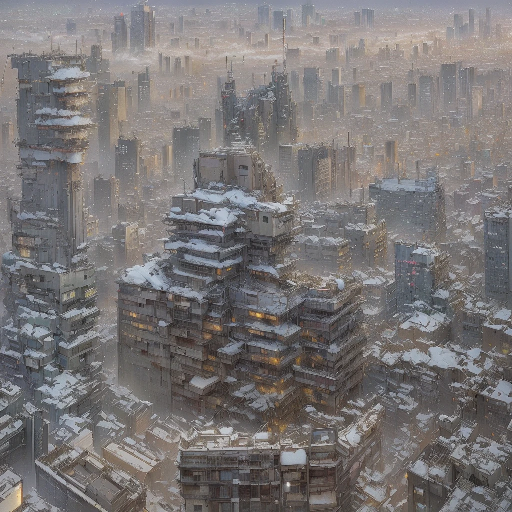 There is a painting of a city with a clock on it., hiroya oku painterly, A vast, detailed, hierarchical city, Realistic painting of complex objects, Cityscape, Olsinsky workshop, 構造的なCityscape, dark. by makoto shinkai, Post-apocalyptic Tokyo, Bustling streets, The dusty ruins of Shinjuku, Tokyo Anime Scene, Japanese cities, Cityscape