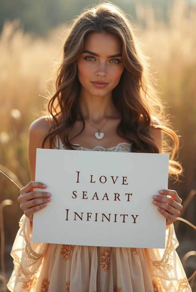 Beautiful girl with wavy long hair, bohemian dress, holding a white board with text "I Love Seaart Infinity" and showing it to the viewer