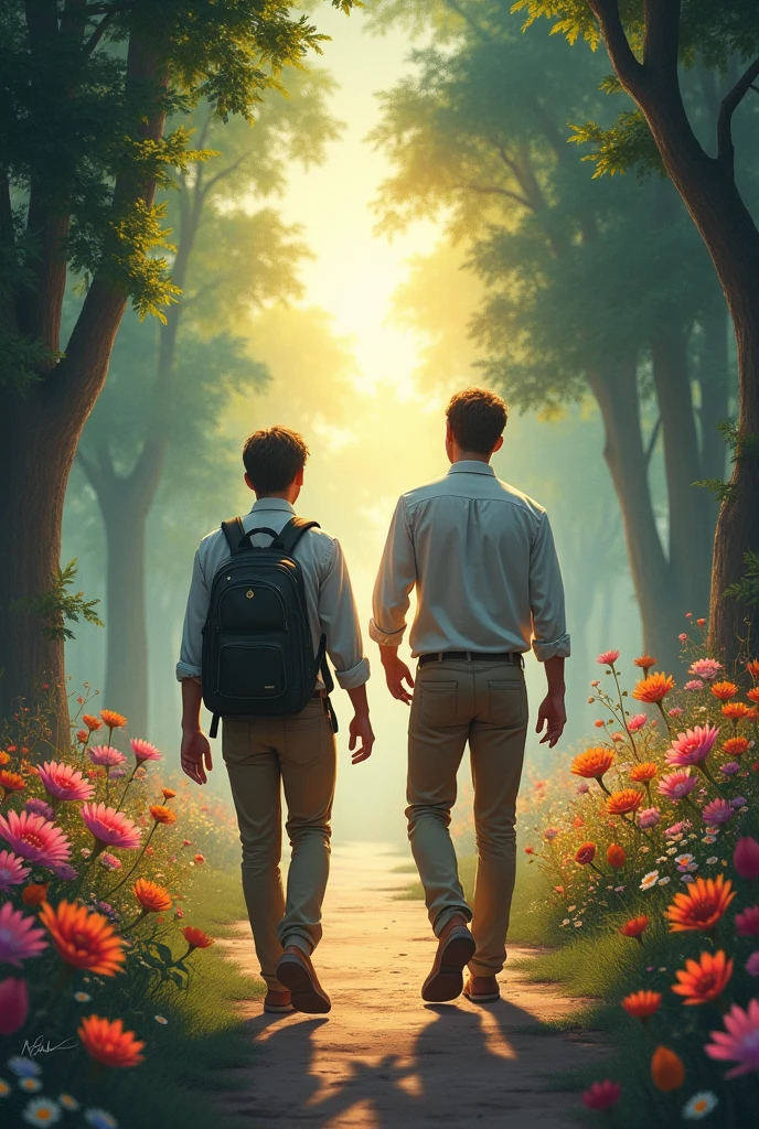 Two men ara walking on the flower road, A friend shows him from his hand a beautiful brightness in end of the road .