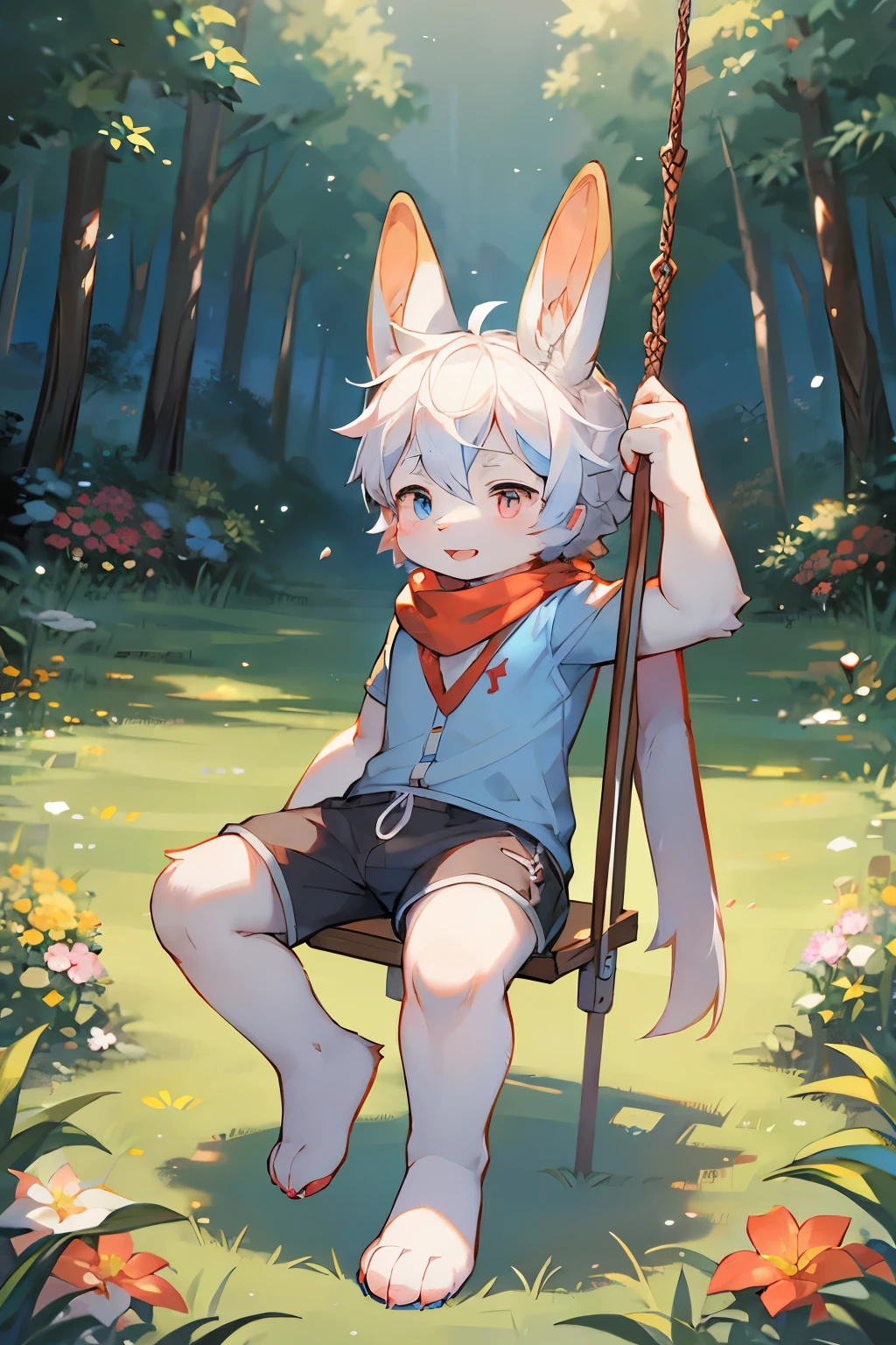 Dwarf rabbit boy，Bunny ears，Furry boys，Baby characteristics，Red pupil，Blue Skin，Blue arm，White hair，scarf，shorts，Forest Background，Flowers，Swing
