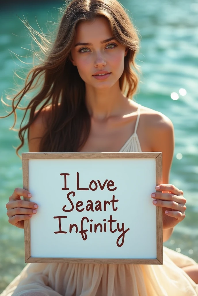 Beautiful girl with wavy long hair, bohemian dress, holding a white board with text "I Love Seaart Infinity" and showing it to the viewer