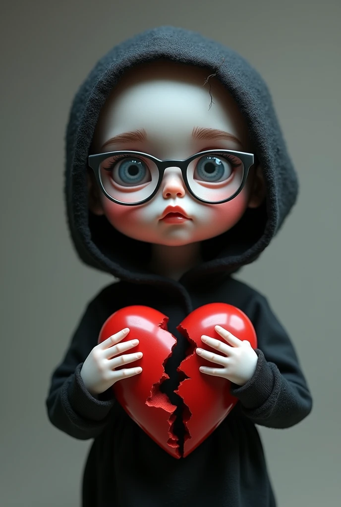 A 3D doll with transparent glasses and a scratch on his eyebrow, black clothes, holding a broken heart