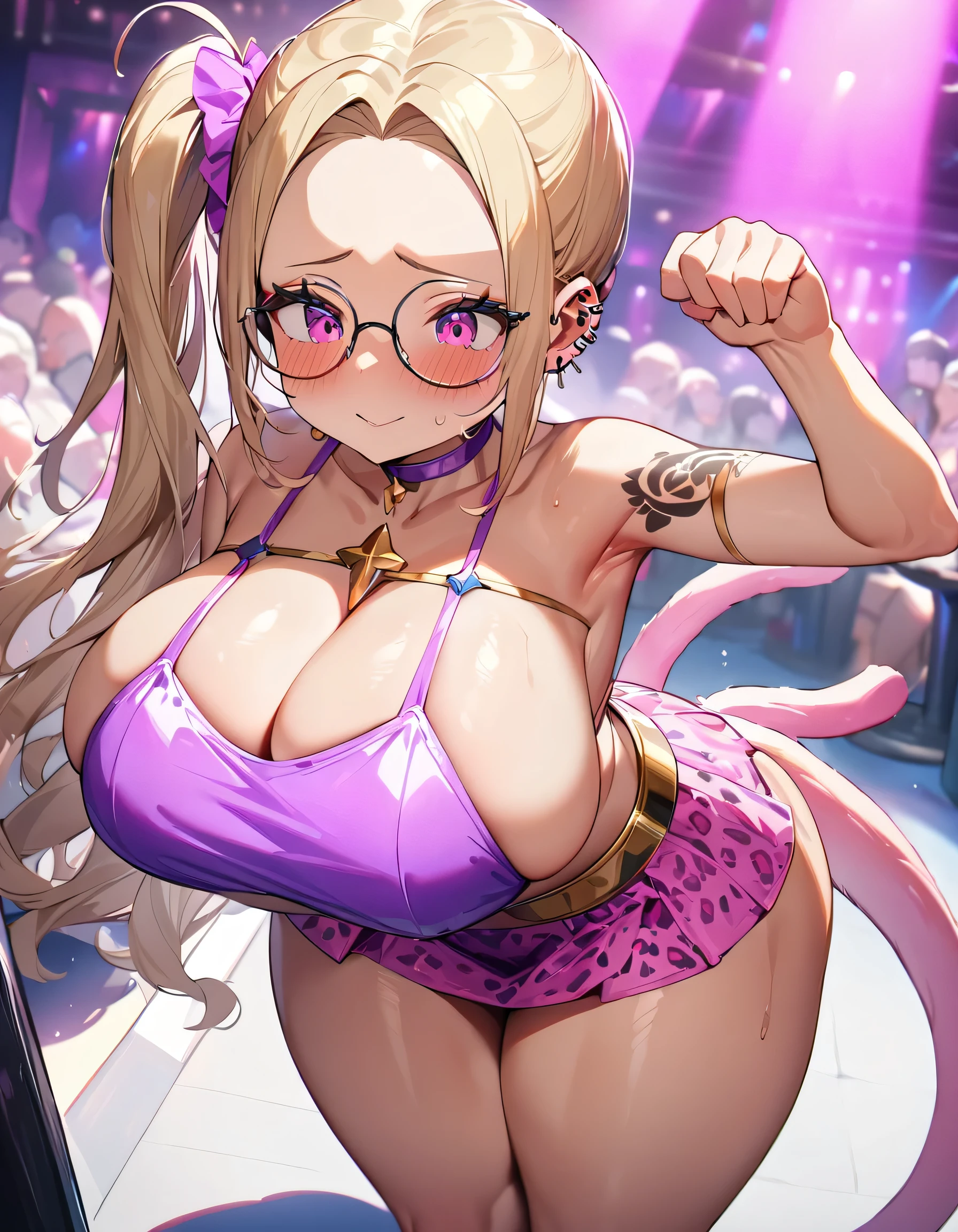 Being hugged by a greasy fat man,Hold together,Put it together,kiss,Show forehead,Glasses,1 girl,Super delicate skin,Radiant Skin,Moist oily skin, devil smile,Huge Chest,Chest,Vibrant colors,masterpiece,best quality,Extremely detailed,high resolution,concentrated,Nightclub,Look at the audience,,Change,((masterpiece、best quality、Very detailed)、((A girl))、blond,Dark skinned hottie,Pink leopard print underwear,Hip-baring mini skirt,Gold belt,Tattoo,,Reverse Bunny Girl、Pink Eyes、((There are many piercings))、((Big Chest))、Cowboy shooting、Shooting from above、Purple light strip,((best quality)), ((masterpiece)), (detailed), (character focus、Chest Focus,whole body), Thick Legs,Side Ponytail,Long hair,curls,Double tail,Thick thighs,Huge breasts,Half Chest Exposed,Fascinating three-dimensional,Fascinating three-dimensional,Fascinating three-dimensional,Whole body soaked,Shortness of breath,Bright Black