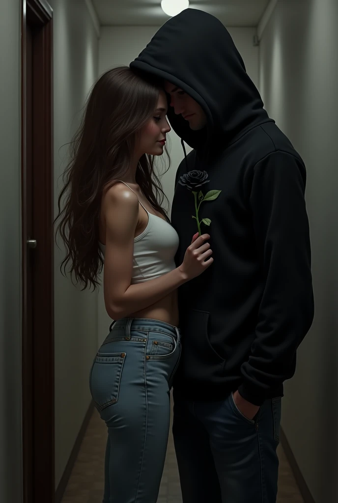 The image shows a woman with long brown hair, wearing light denim pants and a white tank top, holding a black rose and looking at flower. She is in a hallway and the atmosphere is dark and mysterious., to a shadowy figure in front of the woman, a man wearing a black sweatshirt watching her from a little distance. The woman appears to be in a romantic and enigmatic situation.