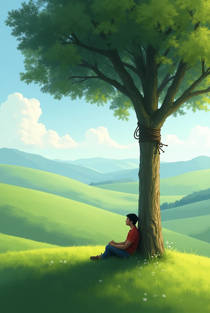 A tree on a hill, a person sitting and a rope tied to the tree 