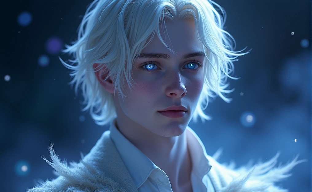 A semi realistic  male with has pale, almost porcelain-like skin and medium, white hair that is slightly tousled. Their eyes are vibrant, with a shimmering quality that reflects a spectrum of blues and purples, giving them a mystical, otherworldly gaze.  has celestial and enigmatic aura. The background also contributes to this theme, with a deep, cosmic ambiance filled with subtle, star-like patterns and light trails, which blend seamlessly with the character's attire.
