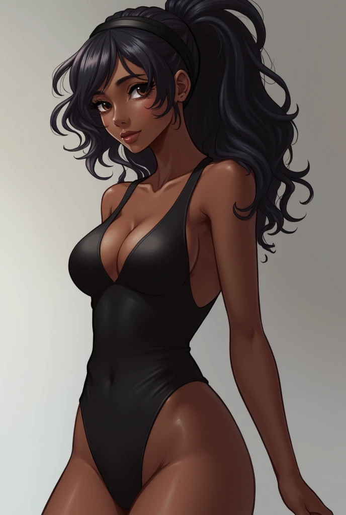 (masterpiece, best quality:1.2),solo,1girl,alternate costume,black hairband,looking at viewer,highres,sweatdrop,solo,black leotard,backless leotard, dark skin, under breasts sexy black woman